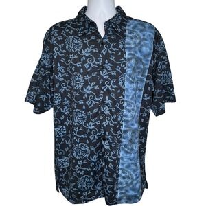 VTG 90s ADOLFO Black Blue Floral Short Sleeve Button‎ Up Hawaiian Shirt Sz L